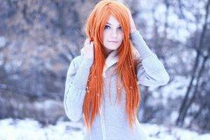 winter, Women, Redhead, Long Hair, Bokeh, Blue Eyes