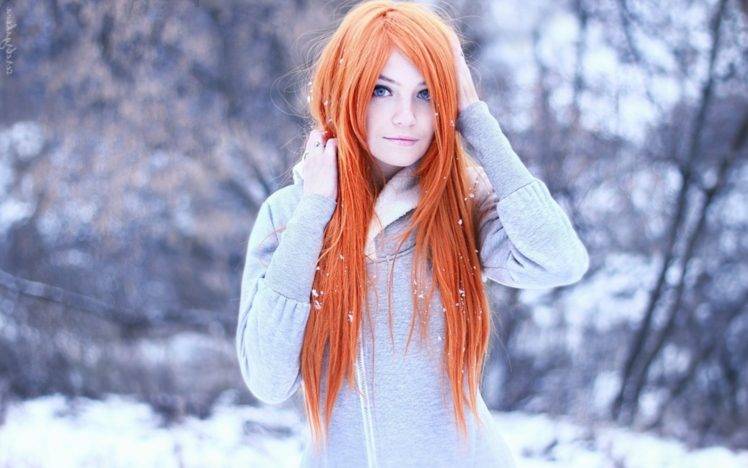 winter, Women, Redhead, Long Hair, Bokeh, Blue Eyes HD Wallpaper Desktop Background