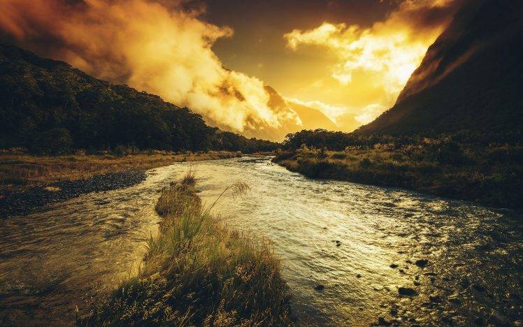 nature, River, Sunset, Grass, Clouds HD Wallpaper Desktop Background