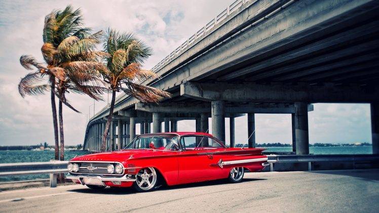 car, Red Cars, Palm Trees, Bridge, Wind HD Wallpaper Desktop Background