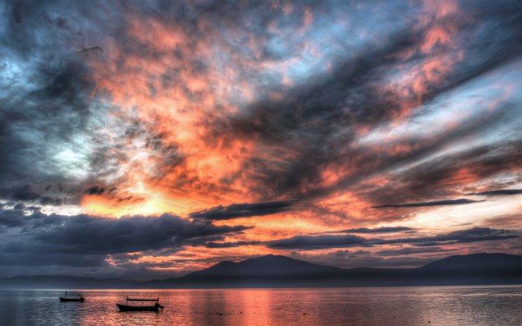 nature, Landscape, Lake, Sunset, Sky, Clouds, Boat, Sea, Hill HD Wallpaper Desktop Background