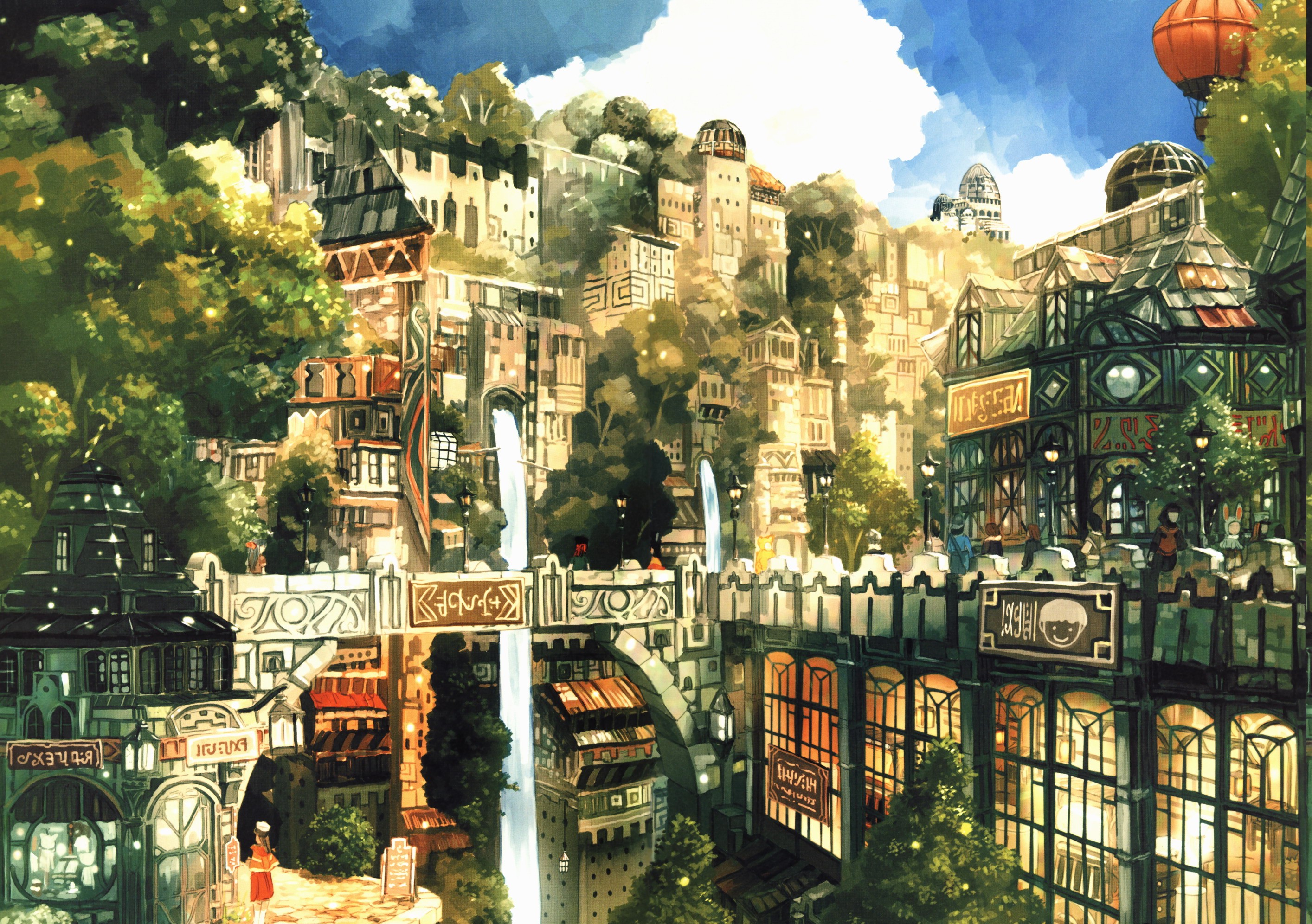 cityscape, Waterfall, Hot Air Balloons Wallpaper