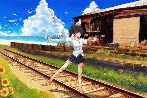 anime, School Uniform, Birds, Anime Girls, Original Characters, Railway, Blue, Manga