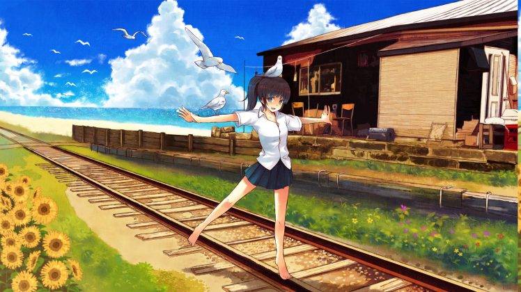 anime, School Uniform, Birds, Anime Girls, Original Characters, Railway, Blue, Manga HD Wallpaper Desktop Background