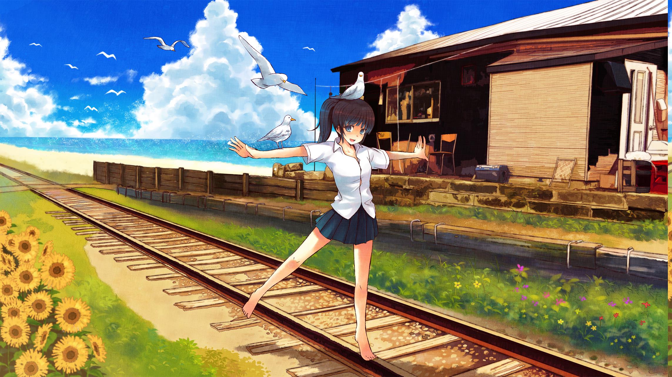 anime, School Uniform, Birds, Anime Girls, Original Characters, Railway, Blue, Manga Wallpaper