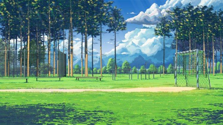 clouds, Soccer Field, Bench, Green, Everlasting Summer, Artwork, ArseniXC HD Wallpaper Desktop Background