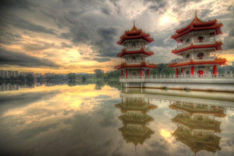 Singapore, Sunset, Pagoda, Lake, Water, Clouds, Reflection, Feelings, Peaceful HD Wallpaper Desktop Background