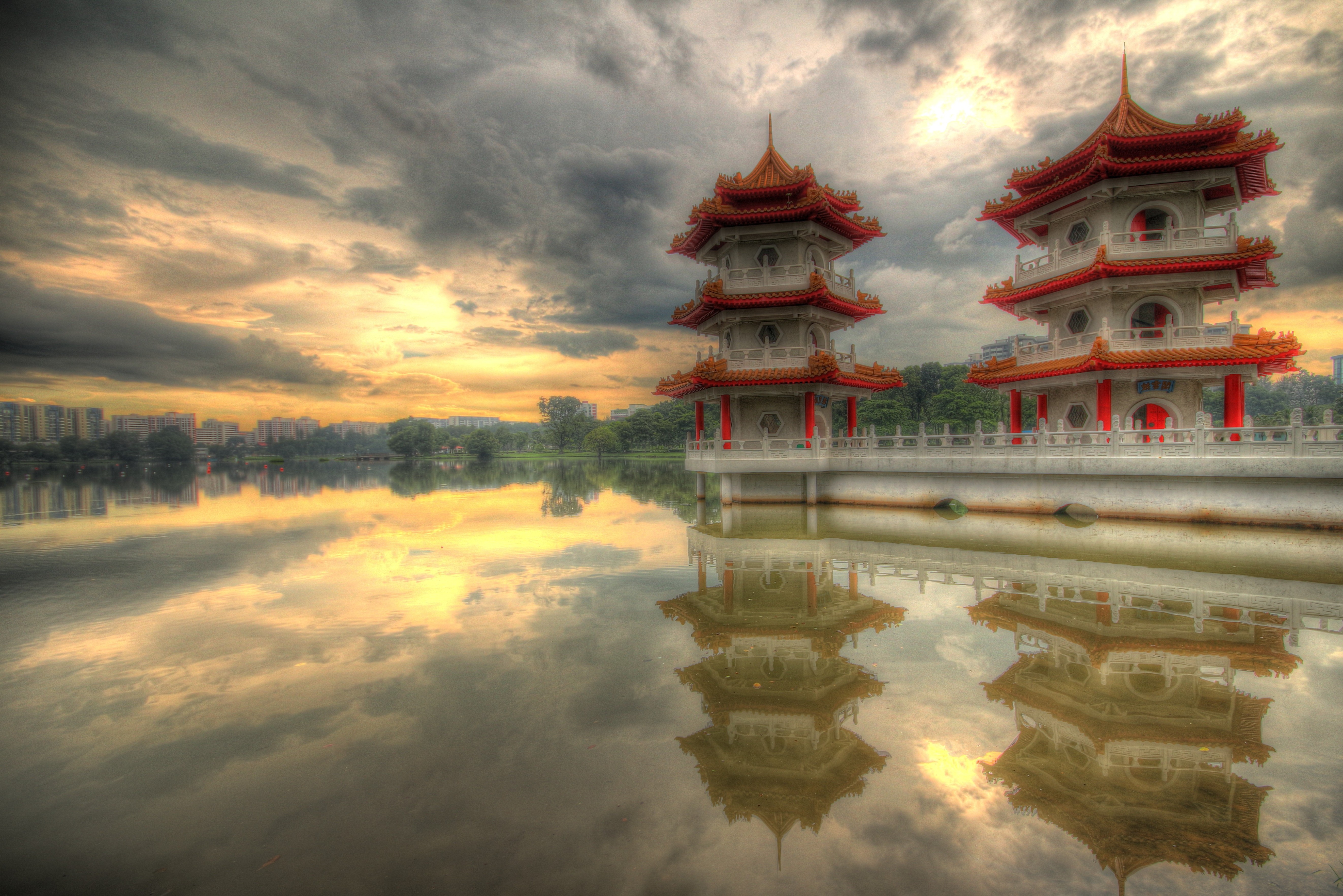 Singapore, Sunset, Pagoda, Lake, Water, Clouds, Reflection, Feelings, Peaceful Wallpaper