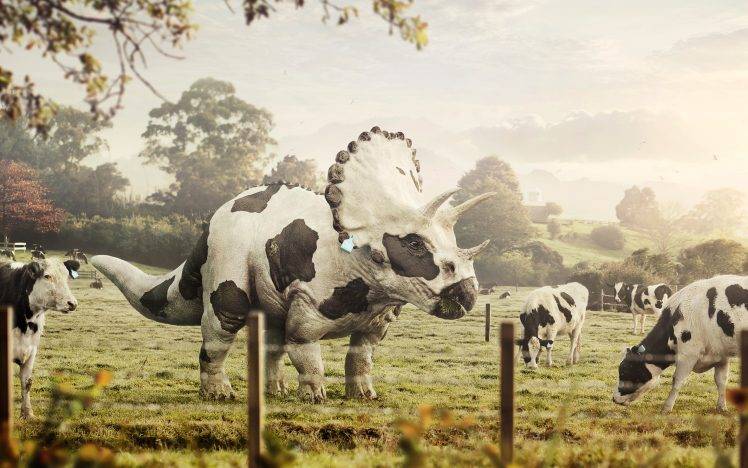 Abduzeedo, Cows, Dinosaurs, Triceratops, Digital Art, Bull, Farm HD Wallpaper Desktop Background