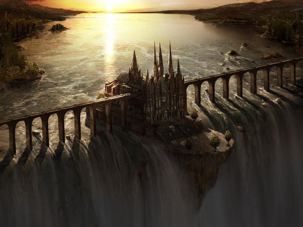 fantasy Art, Waterfall, Castle, Bridge, Sunset Wallpaper