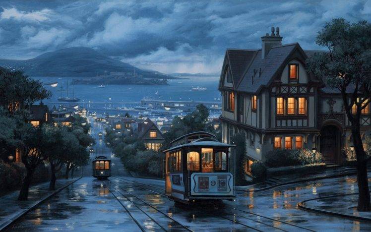 San Francisco, Cable Cars, Alcatraz, Painting HD Wallpaper Desktop Background