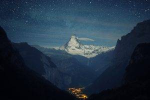 night, Mountain, Switzerland, Sky, Stars, Nature