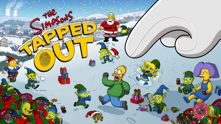 The Simpsons, Tapped Out, Homer Simpson, Selma Bouvier, Santa Claus, Winter, Elves, Video Games HD Wallpaper Desktop Background