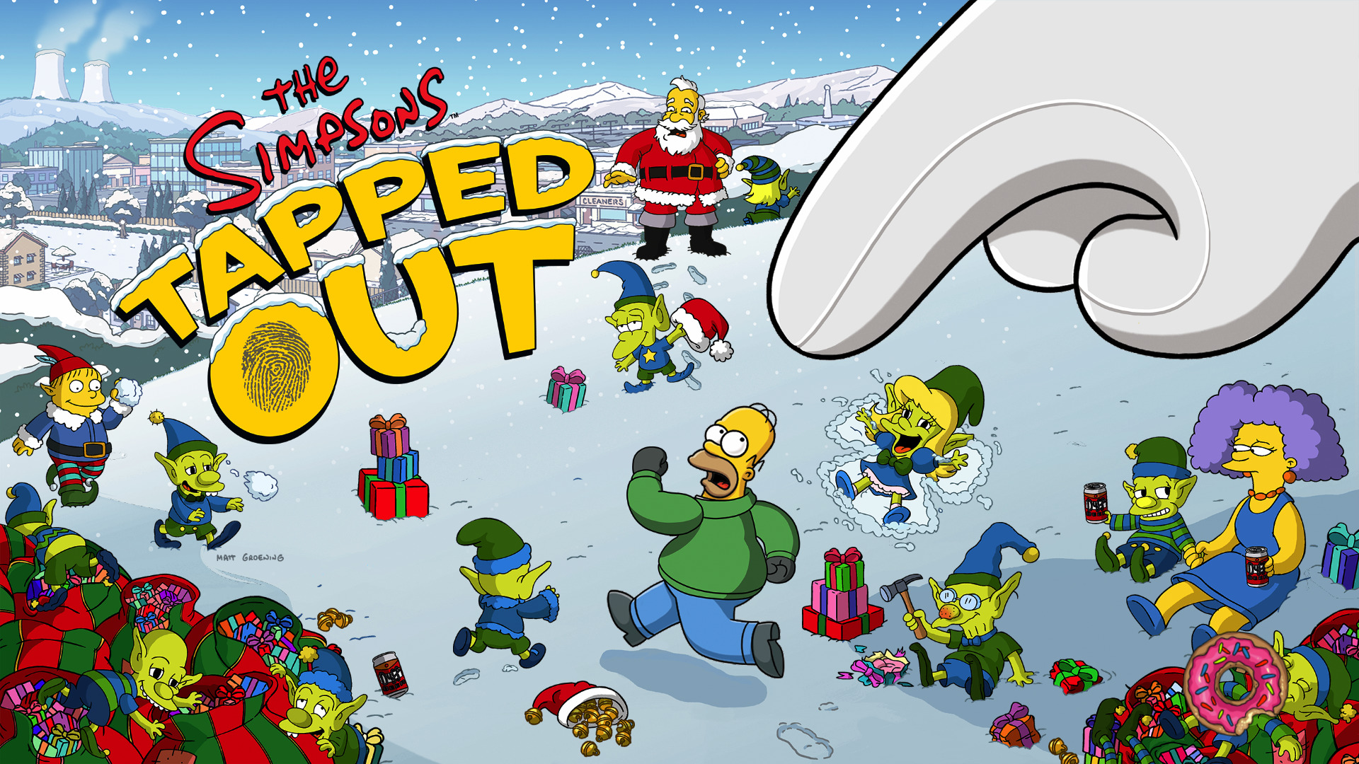 The Simpsons, Tapped Out, Homer Simpson, Selma Bouvier, Santa Claus, Winter, Elves, Video Games Wallpaper