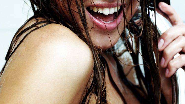 smiling, Brunette, Wet, Open Mouth, Women HD Wallpaper Desktop Background