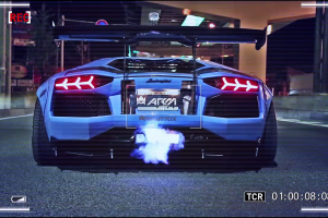 Lamborghini Aventador, Car, Blue Flames, Camera, Night, Cityscape, Liberty Walk