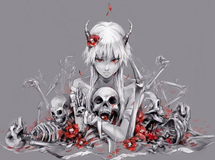 Gasai Yuno, Skull, Mirai Nikki, Skeleton, Horns HD Wallpaper Desktop Background