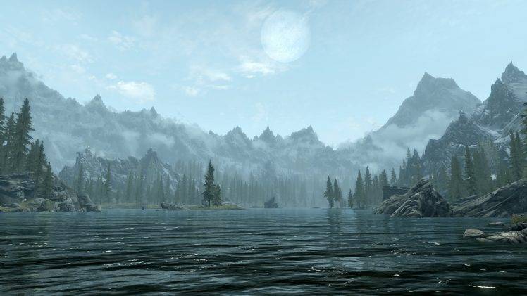 The Elder Scrolls V: Skyrim, Tamriel, Moon, Mountain HD Wallpaper Desktop Background