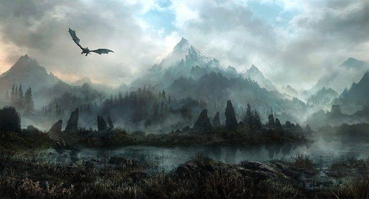 The Elder Scrolls V: Skyrim, Dragon, Mountain HD Wallpaper Desktop Background
