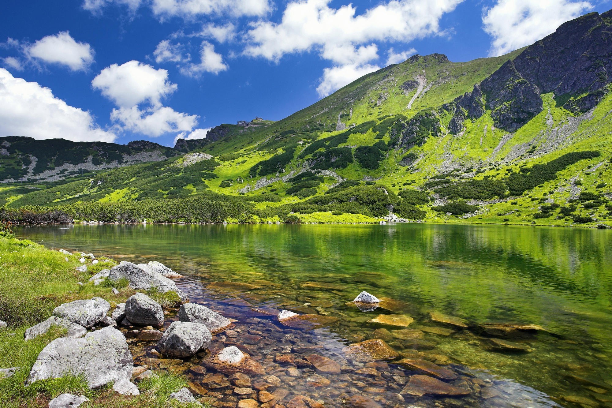 landscape, Mountain, Lake, Green Wallpaper