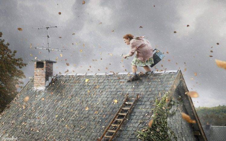 rooftops, Ladders, Artwork, Wind, Rain, Storm, Humor HD Wallpaper Desktop Background