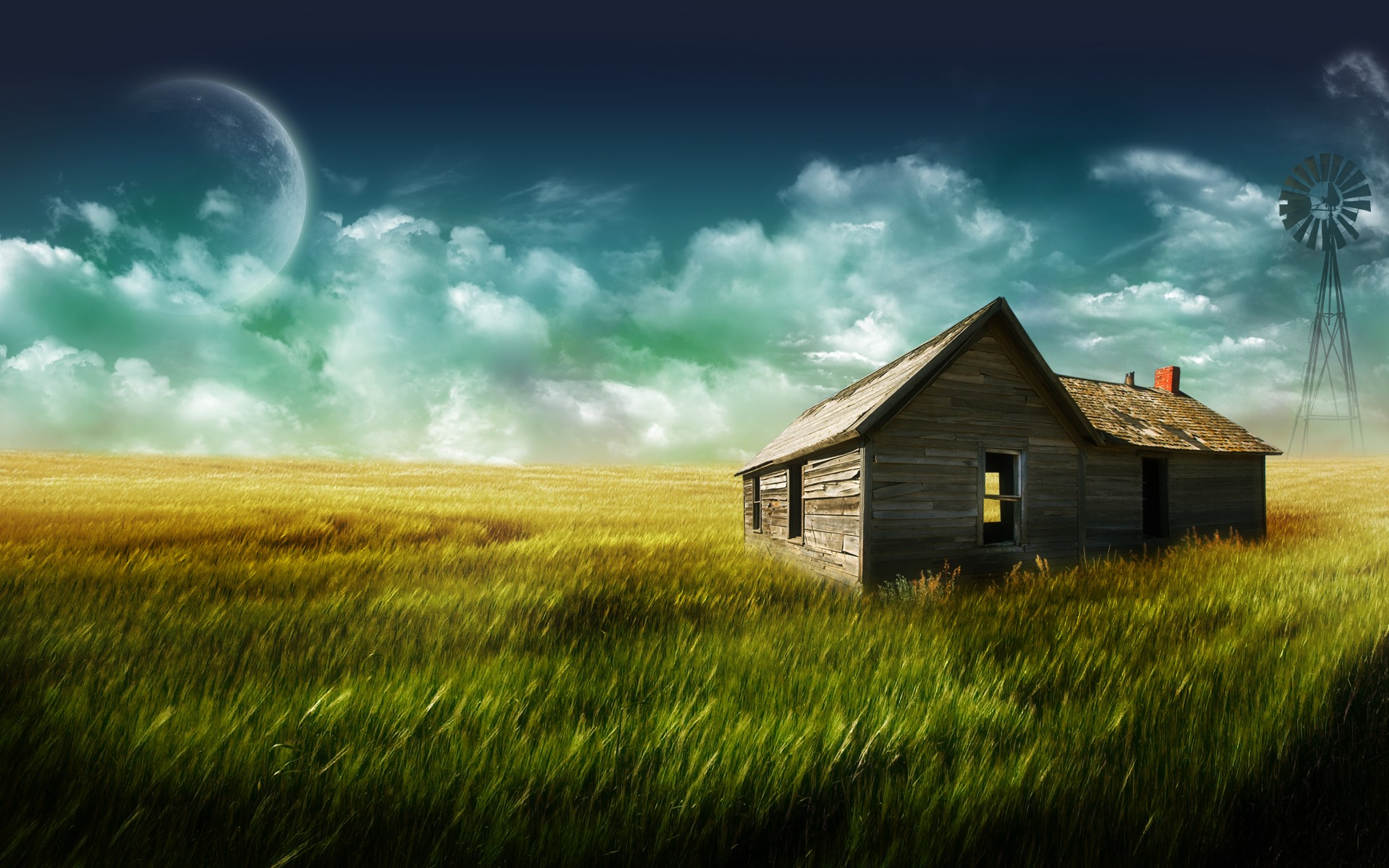 windmills, Shack, Digital Art Wallpaper