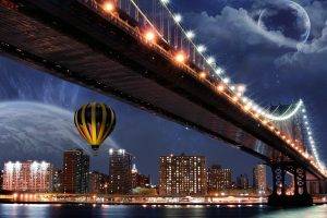 planet, Bridge, Hot Air Balloons, Cityscape, Digital Art