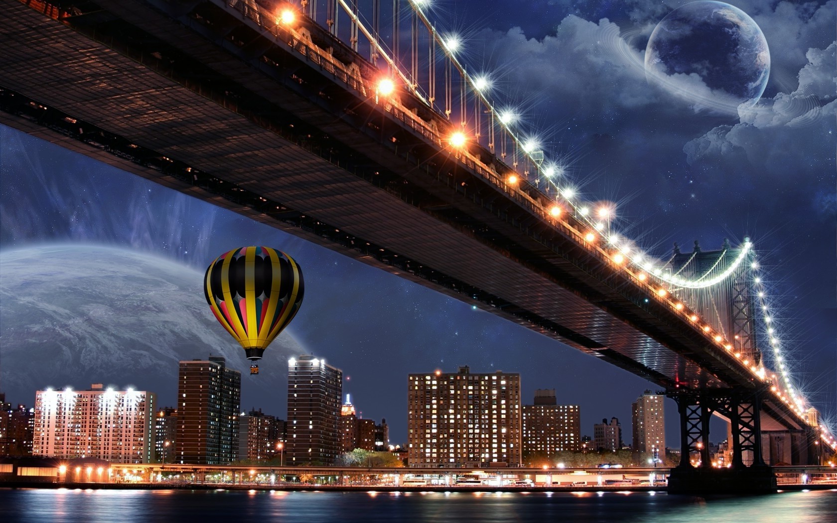 planet, Bridge, Hot Air Balloons, Cityscape, Digital Art Wallpaper