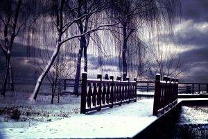 landscape, Snow, Winter, Bridge, Trees, Sky