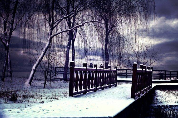 landscape, Snow, Winter, Bridge, Trees, Sky HD Wallpaper Desktop Background