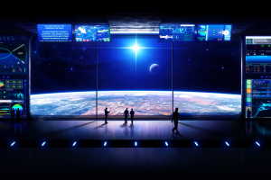 futuristic, Digital Art, Space Station, Monitor, Planet, Stars, Silhouette