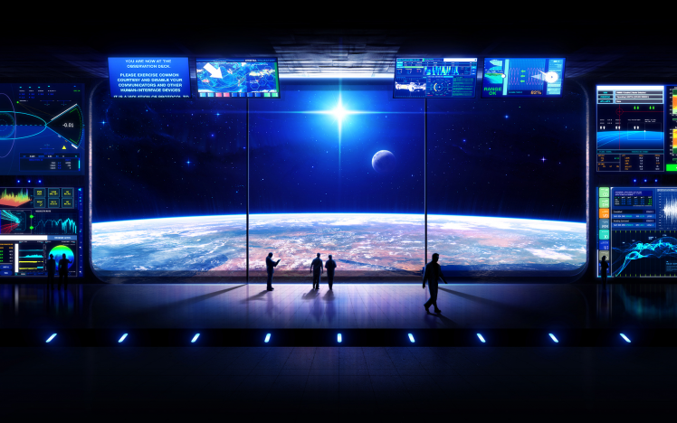 futuristic, Digital Art, Space Station, Monitor, Planet, Stars, Silhouette HD Wallpaper Desktop Background