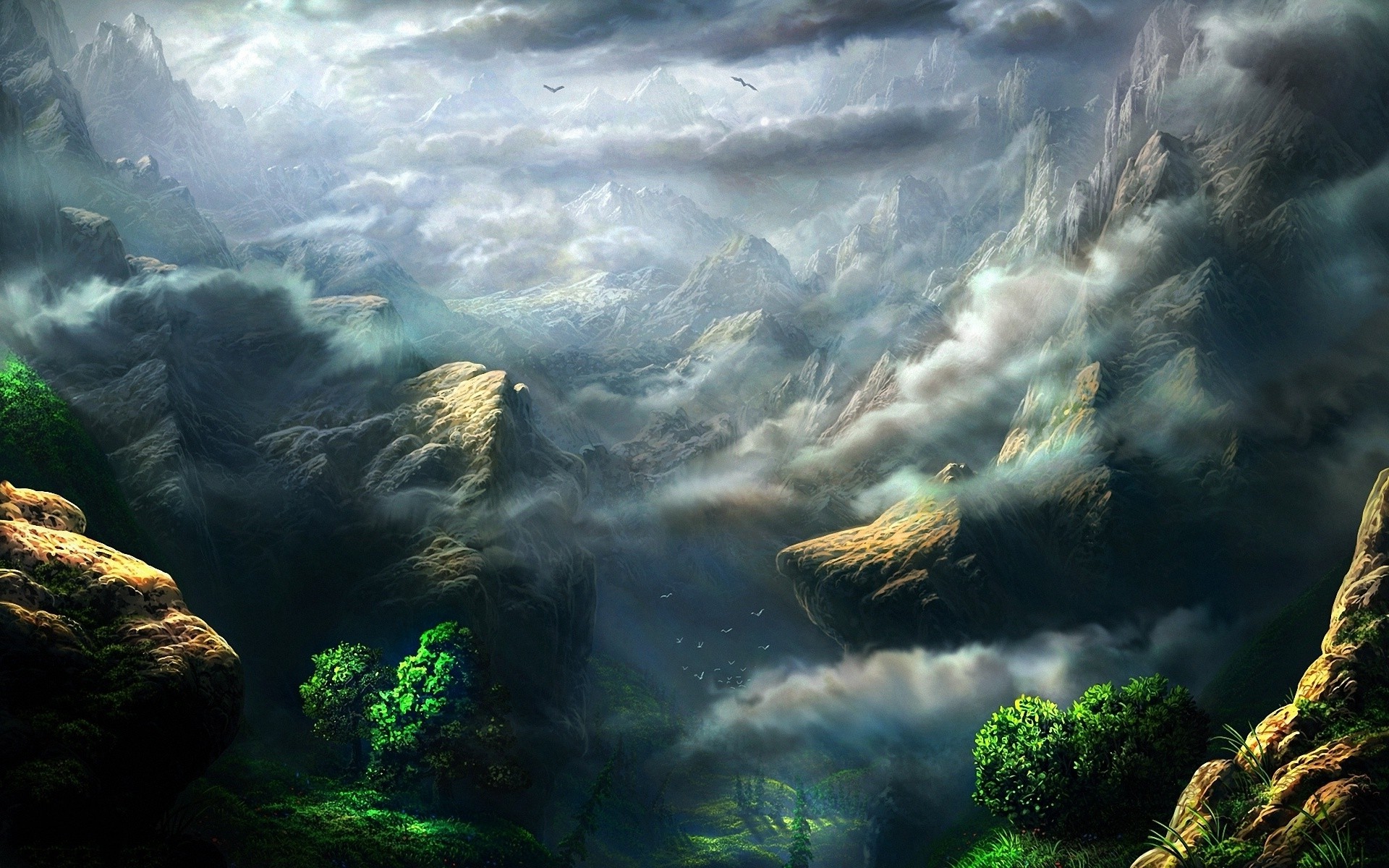 digital Art, Mountain, Clouds Wallpaper