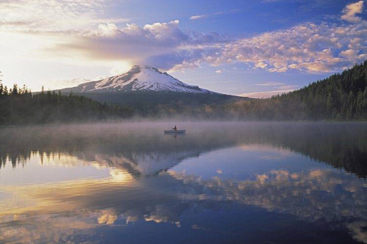lake, Nature, Landscape, Mountain, Mist, Boat, Reflection, Clouds HD Wallpaper Desktop Background