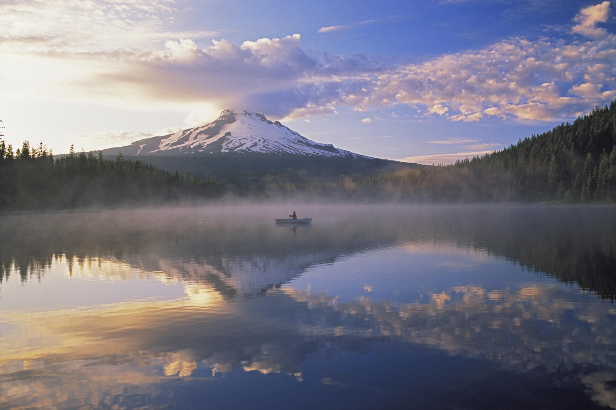 lake, Nature, Landscape, Mountain, Mist, Boat, Reflection, Clouds Wallpaper