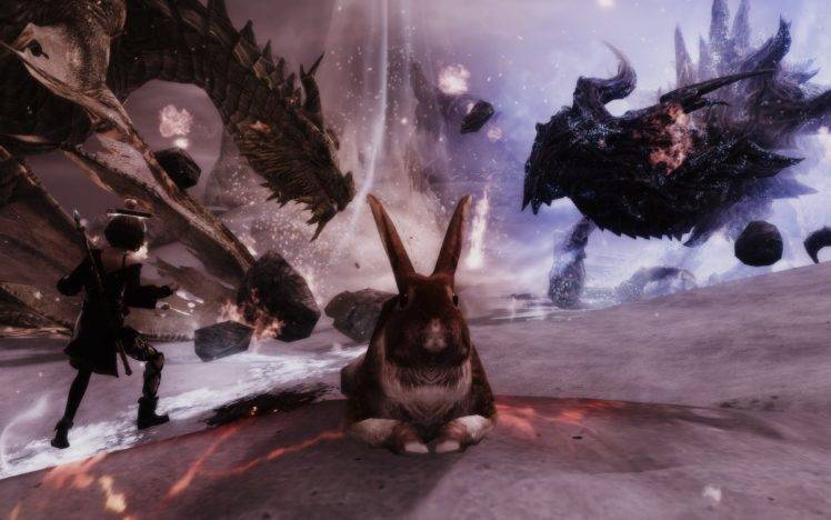 The Elder Scrolls V: Skyrim, Dragon, Rabbits, Magic HD Wallpaper Desktop Background