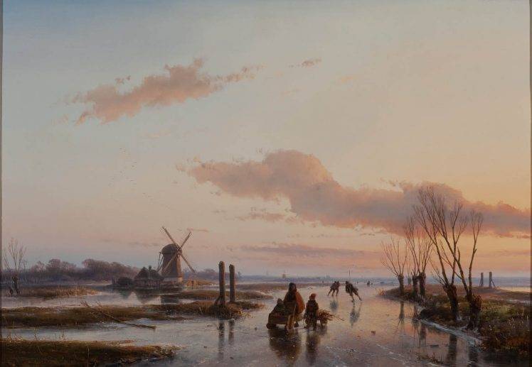 painting, Classic Art, Windmills, Landscape, Clouds, Ice, Oil Painting HD Wallpaper Desktop Background