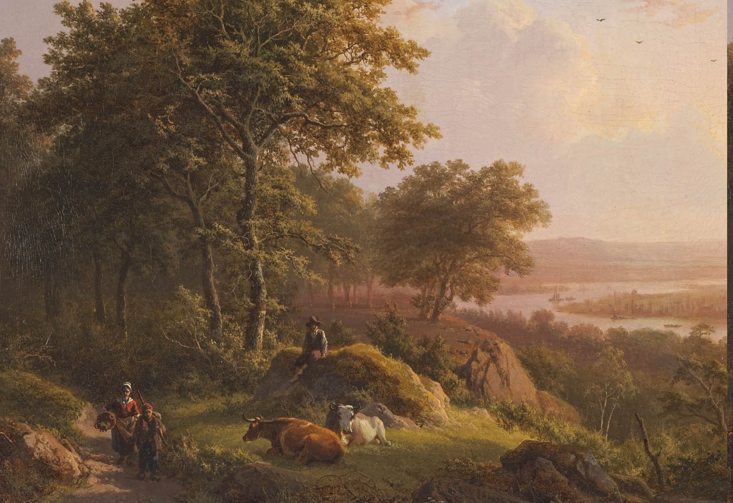 painting, Peasants, Landscape, Classic Art, Cows, Rock, Trees, River