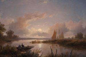 boat, Painting, Clouds, Landscape, Classic Art