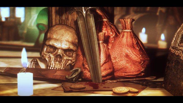 The Elder Scrolls V: Skyrim, Skull, Money, Daggers, ENB HD Wallpaper Desktop Background
