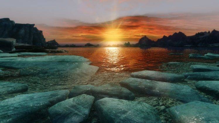 The Elder Scrolls V: Skyrim, Sunset, Sunrise, Ice HD Wallpaper Desktop Background
