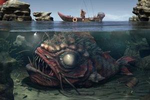 digital Art, Water, Boat, Creature, Split View, Underwater