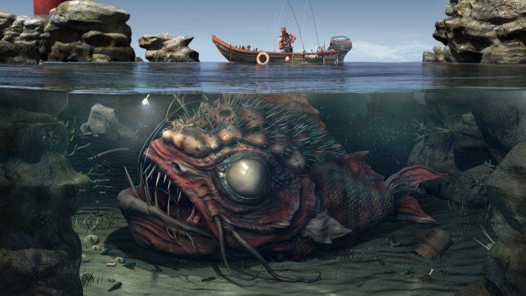 digital Art, Water, Boat, Creature, Split View, Underwater HD Wallpaper Desktop Background