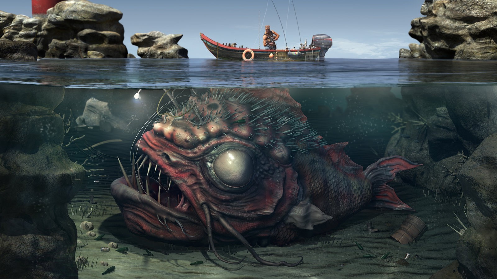 digital Art, Water, Boat, Creature, Split View, Underwater Wallpaper