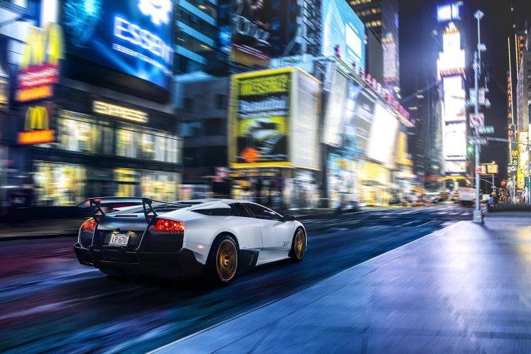 car, Times Square, New York City, Motion Blur, USA, Night, Lamborghini Murcielago LP 670 4 Super Veloce HD Wallpaper Desktop Background