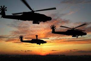 helicopters, AH 64 Apache, Military, Silhouette, Sunrise