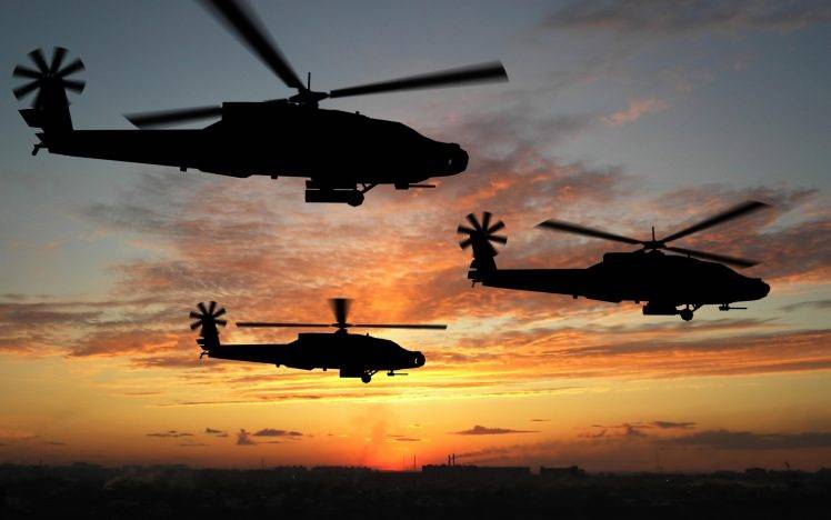 helicopters, AH 64 Apache, Military, Silhouette, Sunrise HD Wallpaper Desktop Background