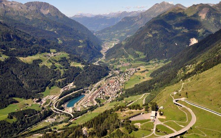 Alps, Switzerland, Landscape, Mountain, Road, Valley, Town, Trees HD Wallpaper Desktop Background