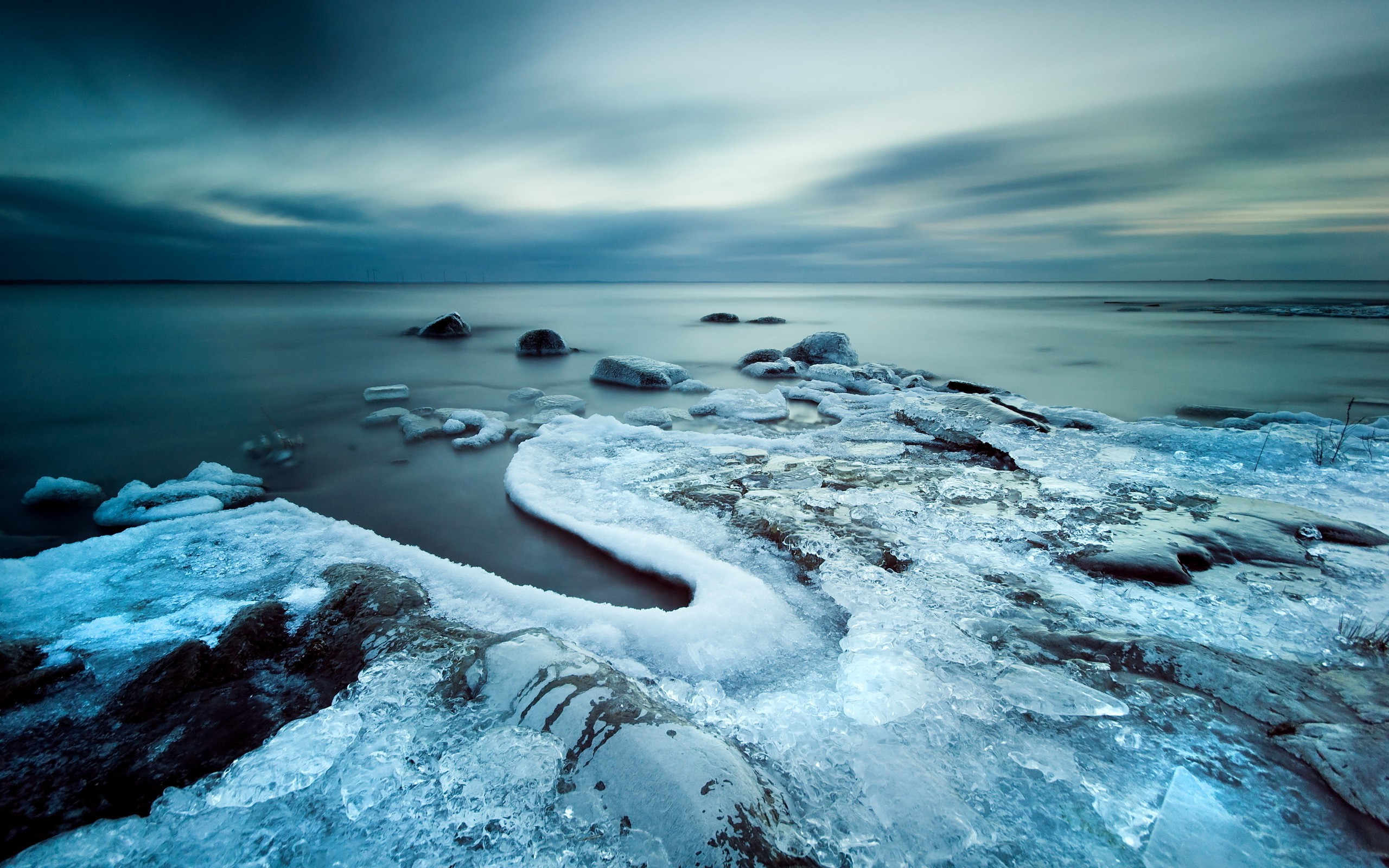 landscape, Nature, Ice, Snow, Water, Long Exposure, Rock, Clouds, Overcast Wallpaper