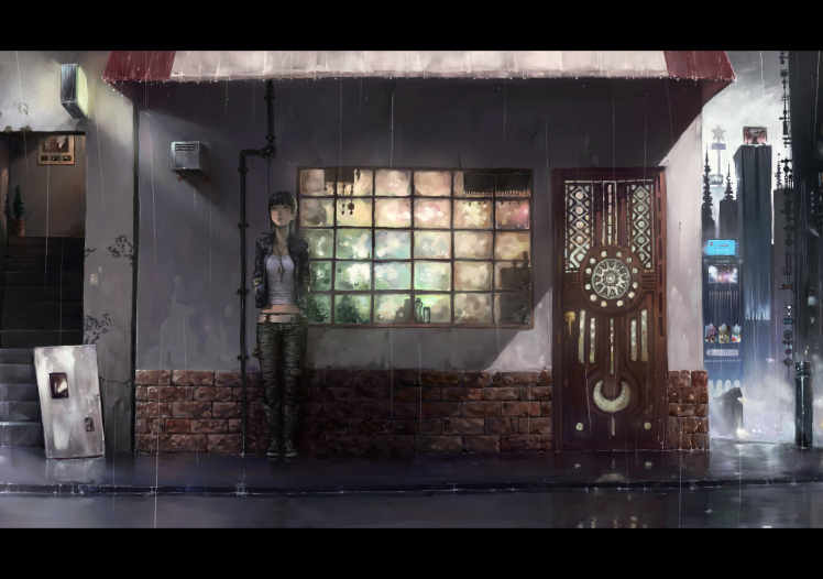 door, Window, Anime Girls, Artwork, Stairs, Bricks HD Wallpaper Desktop Background